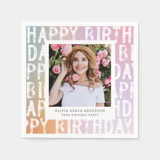 パステルモダンレインレインピンク写真誕生日パーティー スタンダードカクテルナプキン (正面)