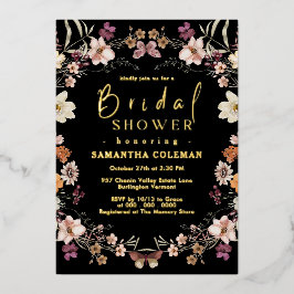 パステルモダンワイルドフラワーブラックボホブライダルシャワー 箔招待状