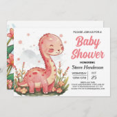 パステルモダン印刷可能な恐竜の女の子の赤ちゃんシャワー 招待状 (正面/裏面)