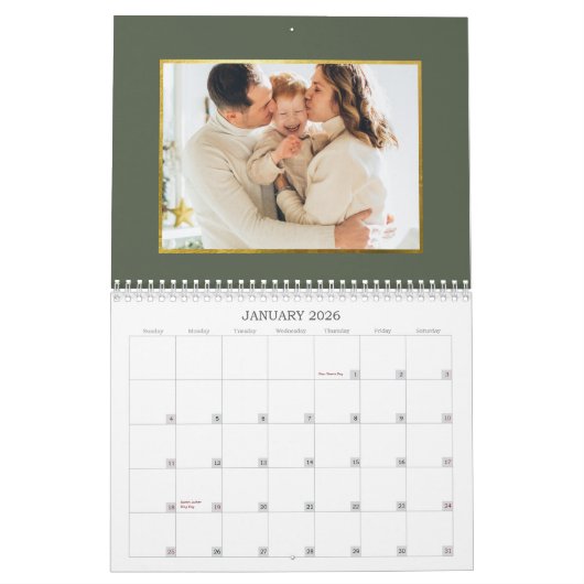 パステルモダン&金ゴールドクリスマスツリーフォトコラージュ カレンダー (1月 2026)