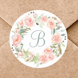 パステルモノグラムのピンクフラワーリース ラウンドシール