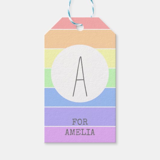 パステルモノグラムのレインボーカラフルストライプズ ギフトタグ (正面)