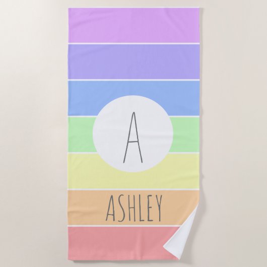 パステルモノグラムのレインボーカラフルストライプズ ビーチタオル (正面)