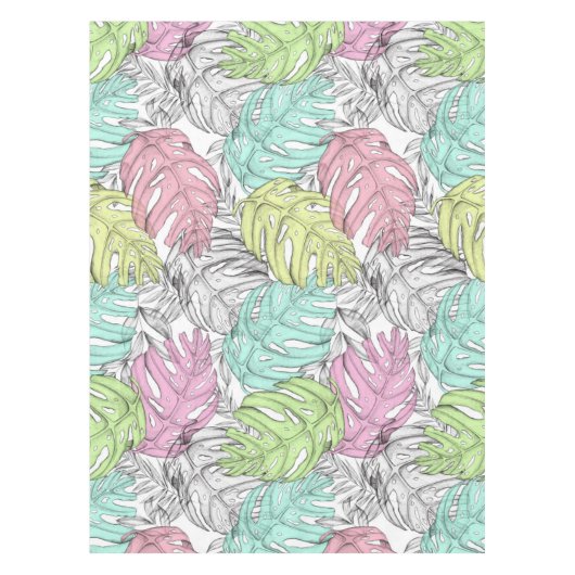 パステルモンステラのヤシの葉の熱帯水色 テーブルクロス (正面)