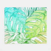 パステルモンステラのヤシの葉の熱帯水色 フリースブランケット (正面(横))