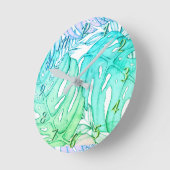 パステルモンステラのヤシの葉の熱帯水色 ラウンド壁時計 (傾斜)