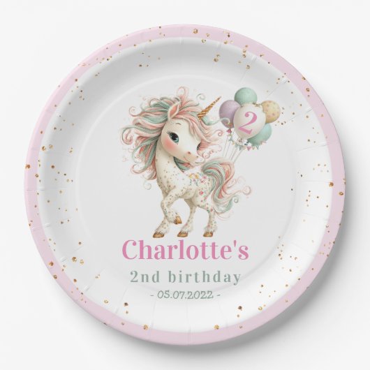 パステルユニコーンと風船の誕生日 ペーパープレート (正面)