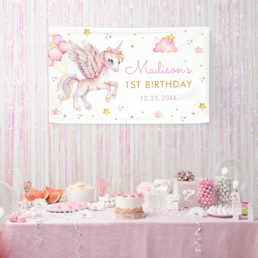 パステルユニコーンの魔法の虹 誕生日パーティー 横断幕 (パーティー)