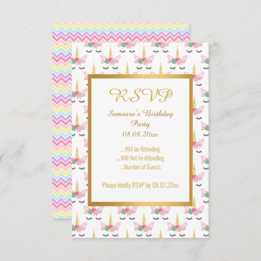パステルユニコーンシェブロン金ゴールドすべての行事RSVP 招待状 (正面/裏面)