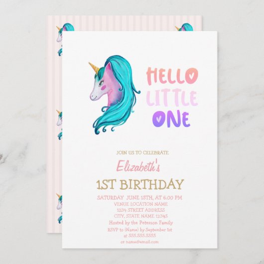 パステルユニコーンストライプのハローリトルワン誕生日 招待状 (正面/裏面)
