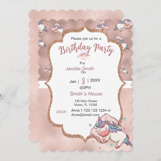 パステルユニコーンスリーピンググリーティング招待状 招待状 (正面/裏面)