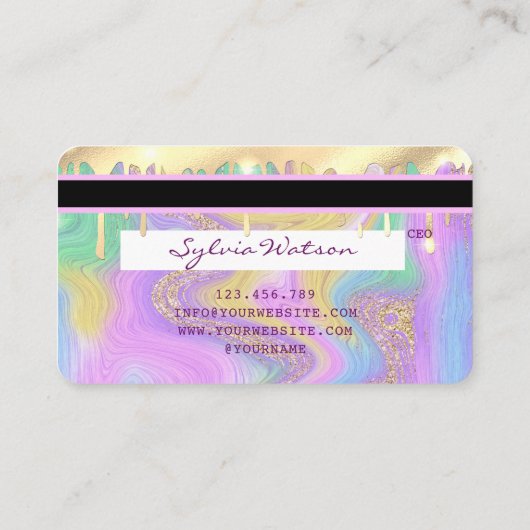 パステルユニコーンピンクと金ゴールドマーブルクレジットカード 名刺 (裏面)