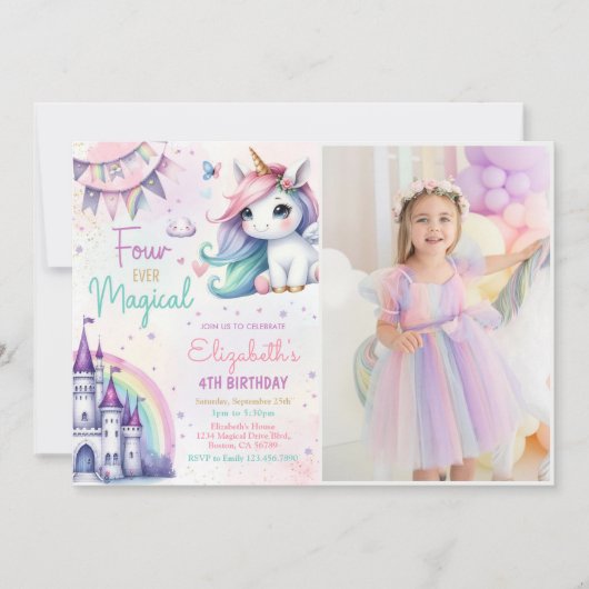 パステルユニコーンフォーエバーマジカル誕生日写真 招待状 (正面)