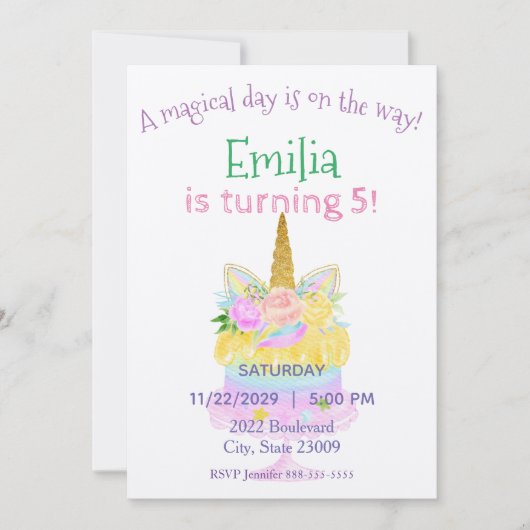 パステルユニコーンレインボー誕生日招待状 招待状 (正面)