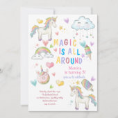 パステルユニコーン魔法は全のまわりに子供の誕生日 招待状 (正面)