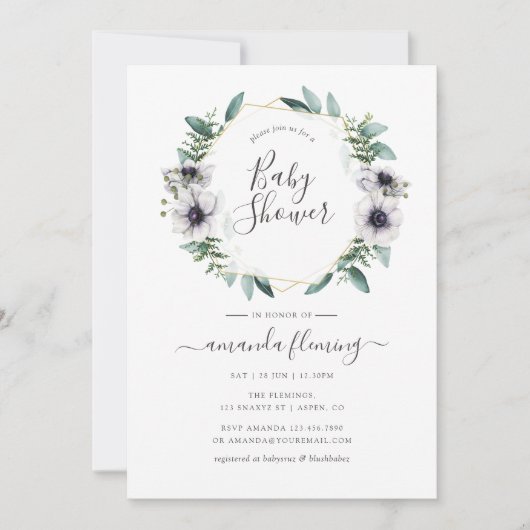 パステルユーカリプタスアネモネジオメトリックベビーシャワー 招待状 (正面)