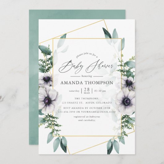 パステルユーカリプタスアネモネジオメトリックベビーシャワー 招待状 (正面/裏面)