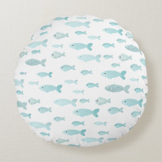 パステルライトブルー水彩魚の模様 ラウンドクッション (正面)