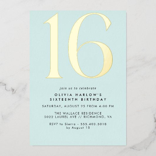パステルライトブルー&金ゴールド |かわいいシンプルスイーツ16 箔招待状 (正面)