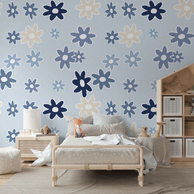 パステルライトミディアムダークブルー花アートパターン 壁紙 (クリエイターアップロード済み)