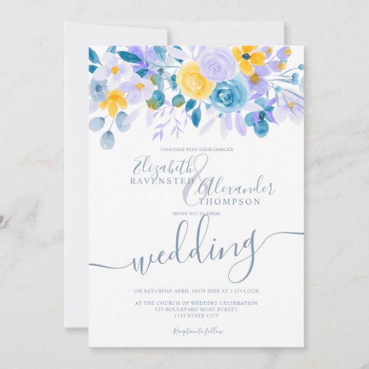 パステルラベンダーグレーオレンジフローラ冬の結婚式 招待状 (正面)