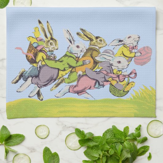 パステルランニング服のグループのイースターウサギ キッチンタオル (折り畳み)