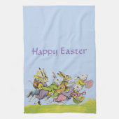パステルランニング服のグループのイースターウサギ キッチンタオル (縦)