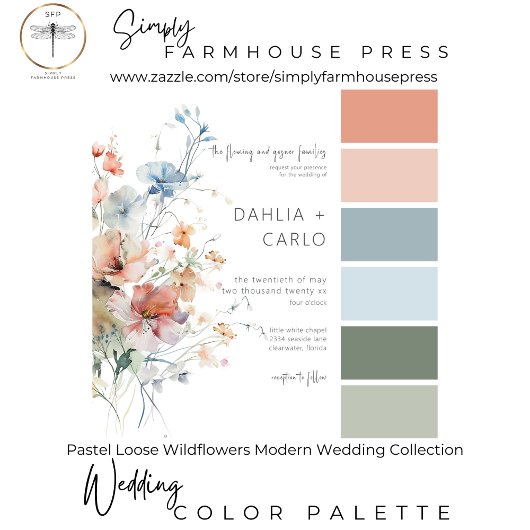 パステルルーズワイルドフラワーウェディングモダンRSVPカード 出欠カード