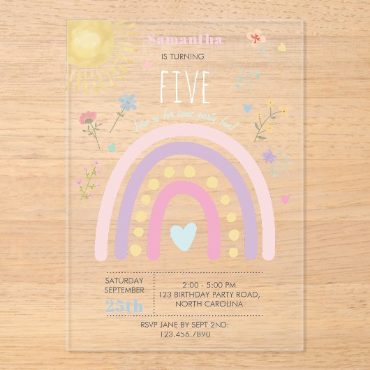 パステルレインボウズガーリーワイルドフラワーズハート誕生日 アクリル招待状 (正面)