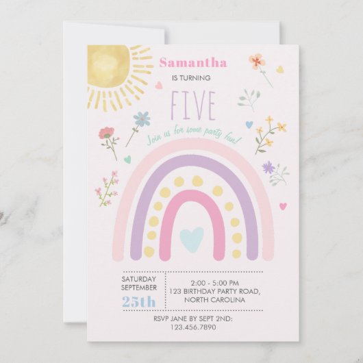 パステルレインボウズガーリーワイルドフラワーズハート誕生日 招待状 (正面)
