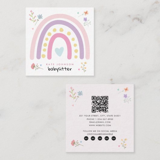 パステルレインボウズガーリーワイルドフラワーズベビーシッター スクエア名刺 (正面/裏面)