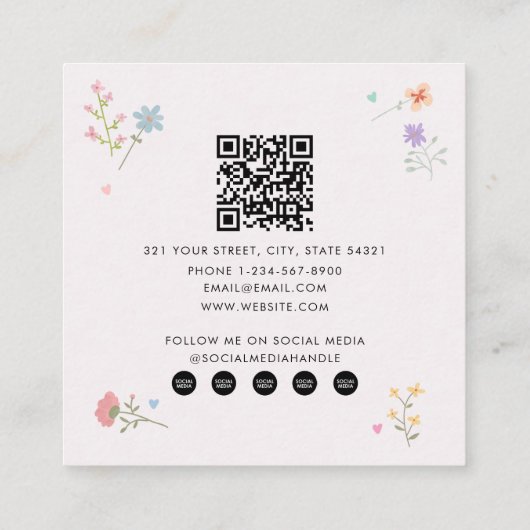 パステルレインボウズガーリーワイルドフラワーズベビーシッター スクエア名刺 (裏面)