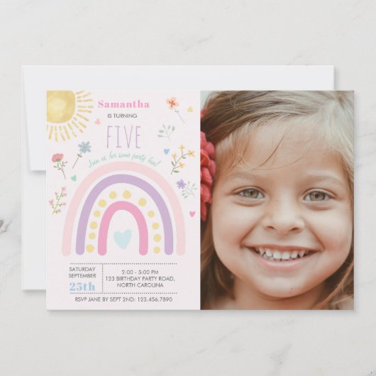 パステルレインボウズガーリーワイルドフラワー誕生日写真 招待状 (正面)