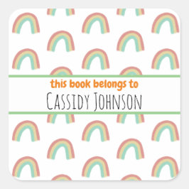 パステルレインボーこの本はキッズ蔵書票 スクエアシール