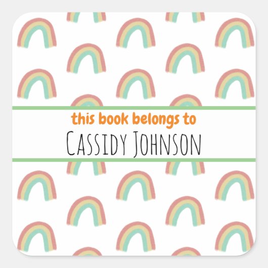パステルレインボーこの本はキッズ蔵書票 スクエアシール (正面)