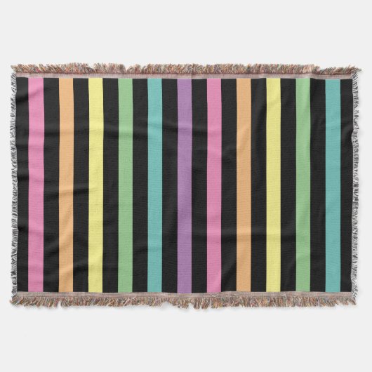 パステルレインボーとブラックストライプのパターン スローブランケット (正面)