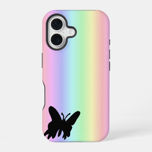 パステルレインボーの黒い蝶 iPhone 16ケース (裏面)