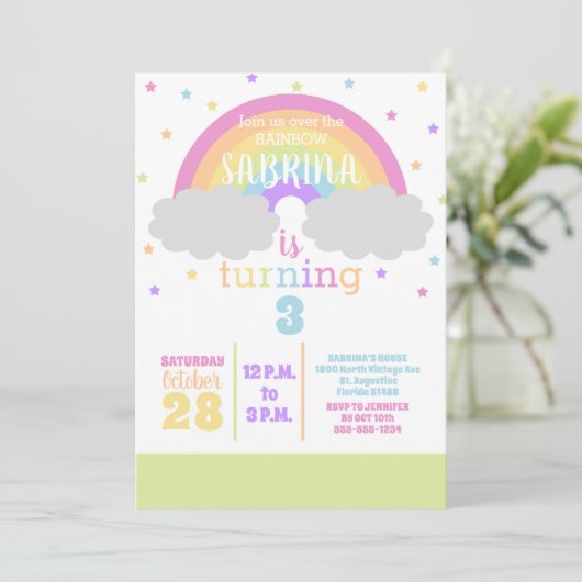 パステルレインボーアンドスターズバースデーパーティーの招待 招待状 (スタンド正面)
