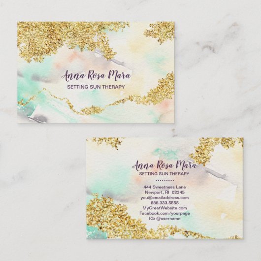 *~*パステルレインボーウォーターカラー洗浄金ゴールドグリッター 名刺 (正面/裏面)
