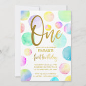 パステルレインボーオンブルドット ファーストバースデーパーティー 招待状 (正面)