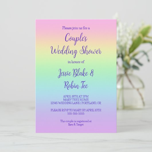 パステルレインボーカップルのウェディングシャワー招待状 招待状 (スタンド正面)