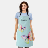 パステルレインボーカラーの繊細なピンクの蝶 エプロン (着用した状態)
