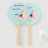 パステルレインボーカラーの繊細なピンクの蝶 ハンドファン (正面&裏面)