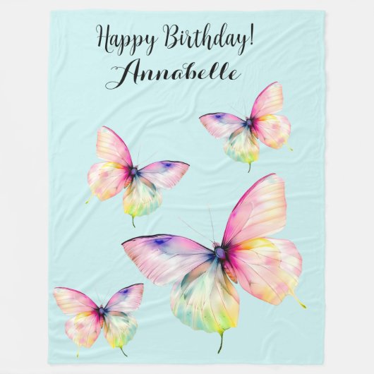 パステルレインボーカラーの繊細なピンクの蝶 フリースブランケット (正面)