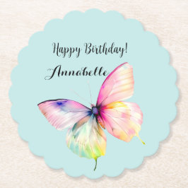 パステルレインボーカラーの繊細なピンクの蝶 ペーパーコースター