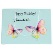 パステルレインボーカラーの繊細なピンクの蝶 ラージペーパーバッグ (正面)