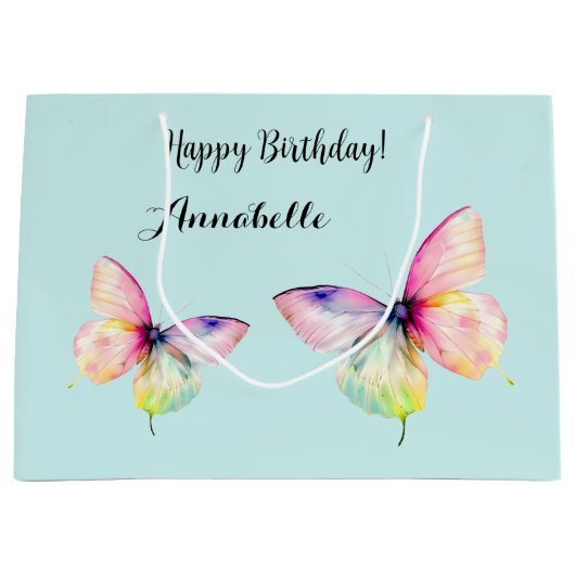 パステルレインボーカラーの繊細なピンクの蝶 ラージペーパーバッグ (正面)