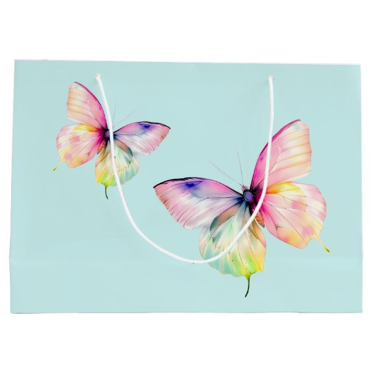 パステルレインボーカラーの繊細なピンクの蝶 ラージペーパーバッグ (裏面)