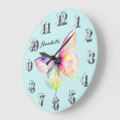 パステルレインボーカラーの繊細なピンクの蝶 ラージ壁時計 (傾斜)