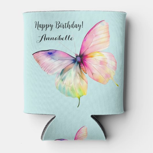 パステルレインボーカラーの繊細なピンクの蝶 缶クーラー (正面)